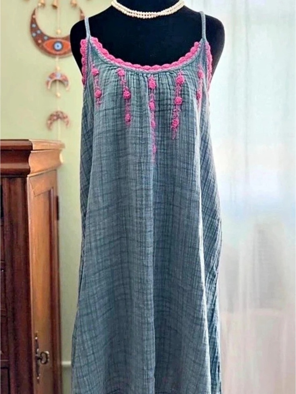 Natural Life Tricia Embellished Maxi Dress Plaid Maxi Dress in Blue & Pink Size